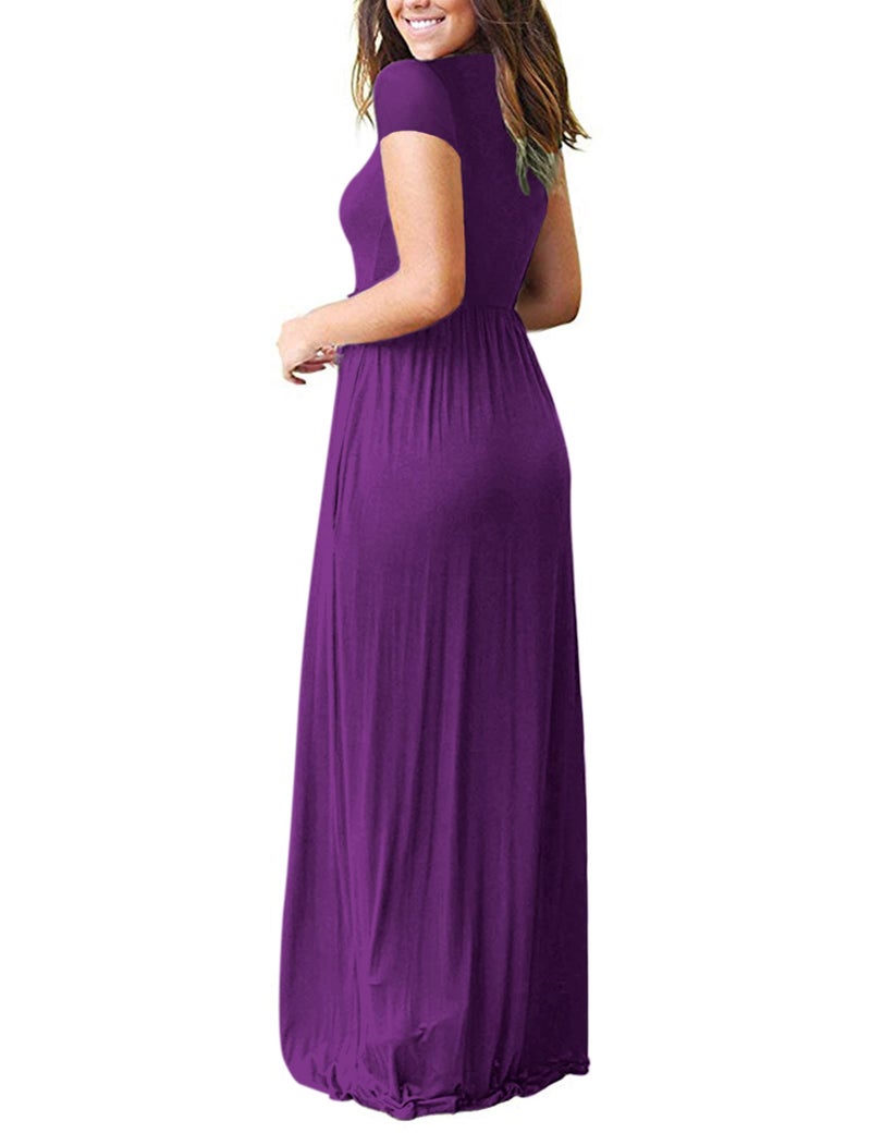 MISFAY Women's Short Sleeve Empire Waist Maxi Dresses Long Dresses with Pockets (Purple L) - Image 3